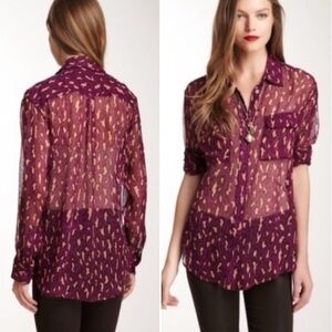 Equipment Femme Purple Leopard Print Sheer Silk Button Down Blouse | Size Large